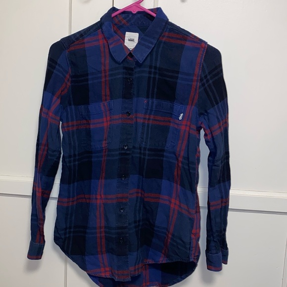 Vans Medium Blue Red Button Up Long Sleeve Casual Outdoors Shirt - Picture 1 of 13